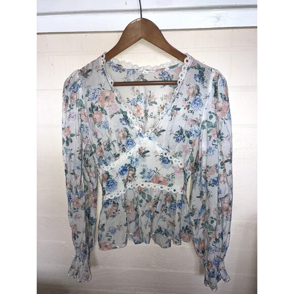 BY THE RIVER Floral Printed Bell Sleeve Top PRAIRIE FEMININE SOFT GIRL COTTAGE M - Picture 2 of 7